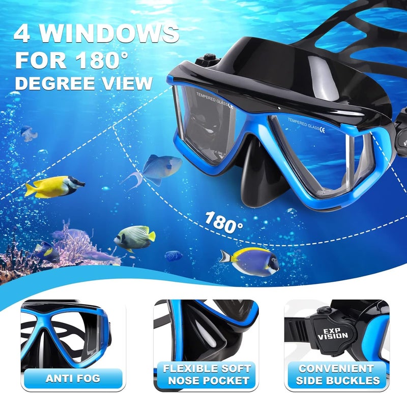 EXP VISION Snorkel Set Pano 4 Adult Snorkeling Gear, Professional Anti-Fog Snorkel Mask Dry Top Snorkel, Tempered Glass Scuba Diving Mask for Freediving, Snorkeling and Swimming - Image 2